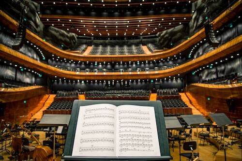 music on stand in concert hall